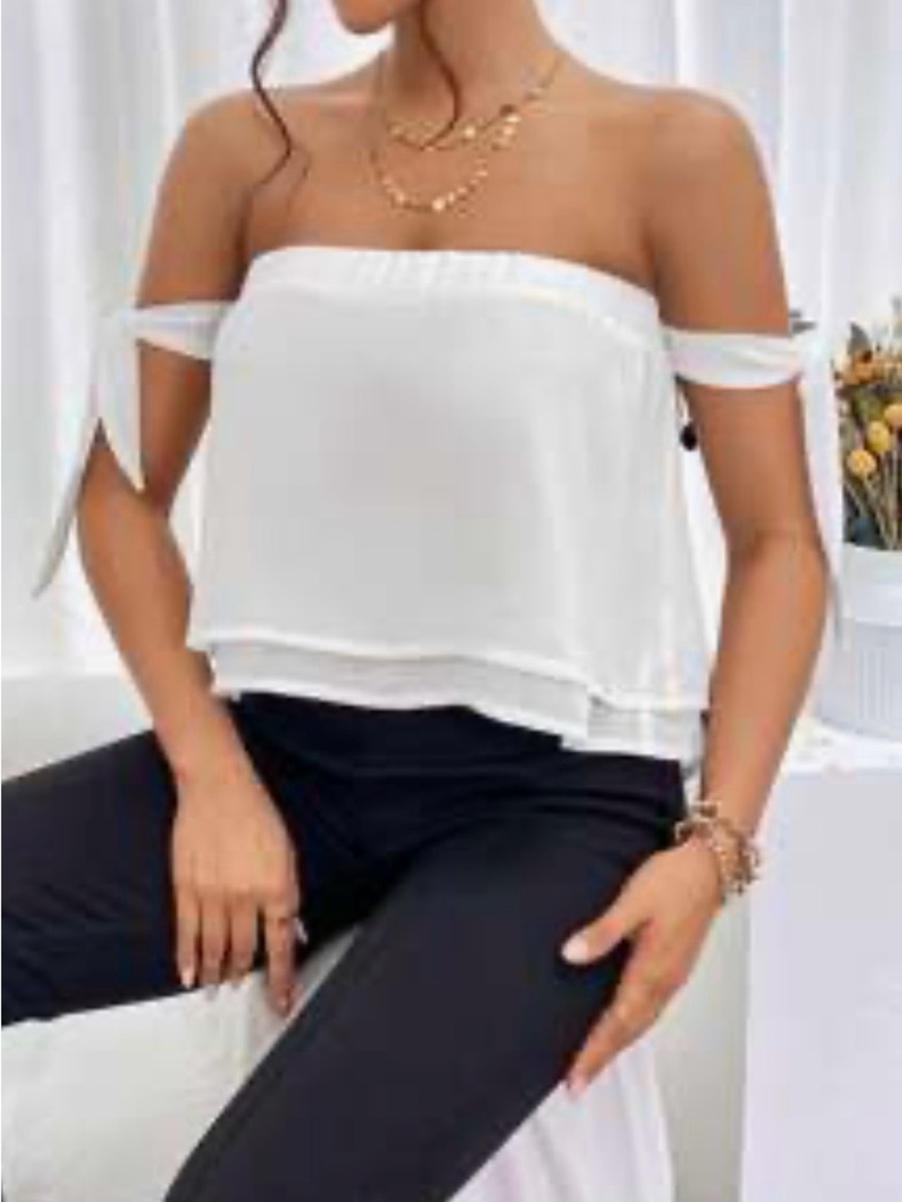 Off Shoulder Tie Sleeves Top